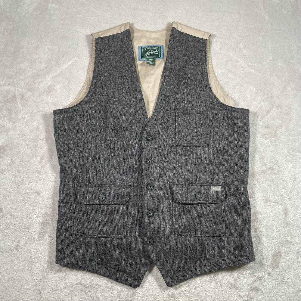 Woolrich Ruxton Vest Gray Wool Herringbone Tweed Canvas Back Mens Large